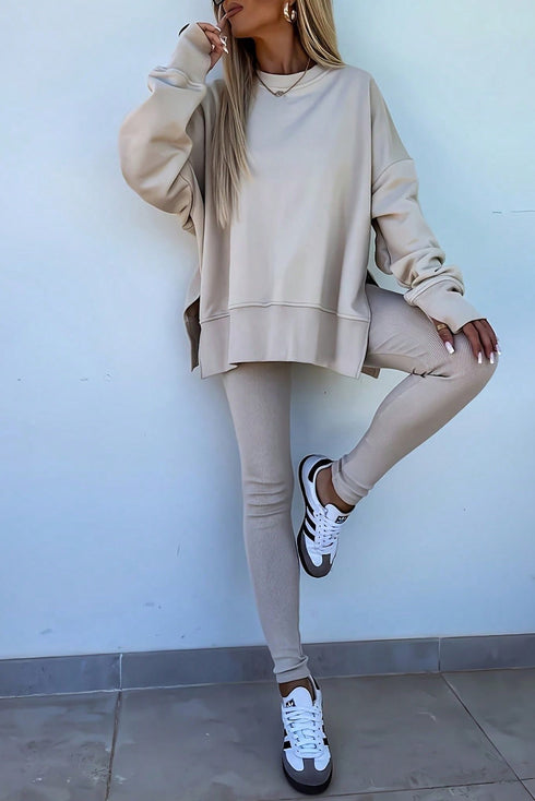 Oversized Side Slit Sweatshirt Ribbed Legging Pant Set